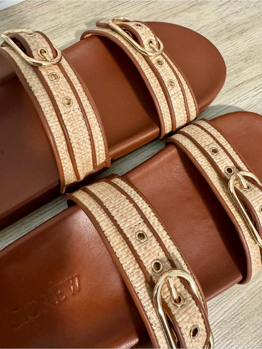 J. Crew Kira Double Strap Footbed Slides in Saddle Brown and Raffia Size 8 - NEW